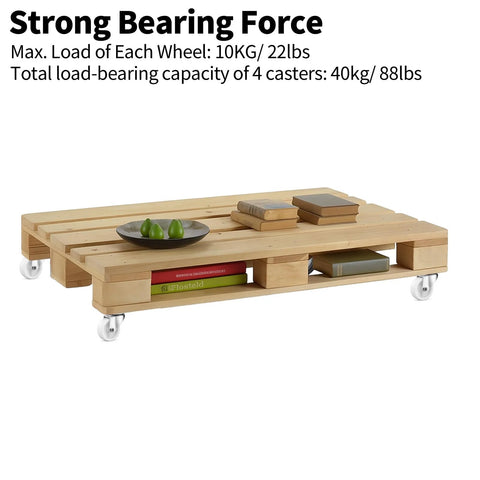 Pallet-style wooden coffee table on four swivel caster wheels with rubber rollers