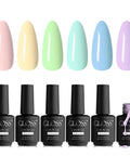 Six Pastel HEMA Free Gel Nail Polish Set With Beige, Light Purple, Cream, Light Green, Mint, And Baby Blue Soak Off UV LED Gel Polish
