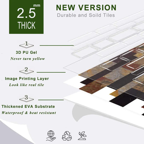 Diagram showing layers of thicker design peel and stick tile backsplash for kitchen and bathroom: 3D PU gel, image printing, EVA substrate.