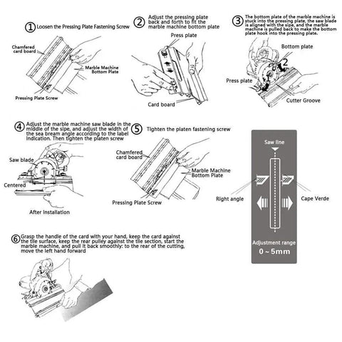 Diagram showing steps for using the 45 Degree Angle Cutting Tool For Aluminum Ceramic Marble Tiles, including adjustment and cutting guide.