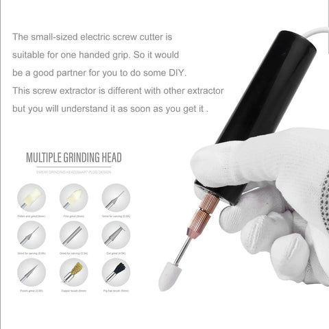 Handheld Electric Screw Extraction Pen And Mini Grinder For Busted Or Jammed Smartphone Bolts With 11 Precision Bit Set and grinding head.