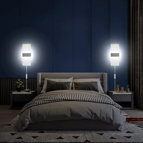 Two Pack Modern LED Wall Sconces Plug In Lights 10W 6000K Cool White Acrylic Wall Lamps in bedroom setting