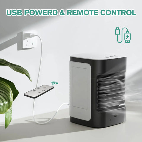 3-In-1 Mini Evaporative Air Conditioner Fan With USB Charging and remote control, black, indoor use