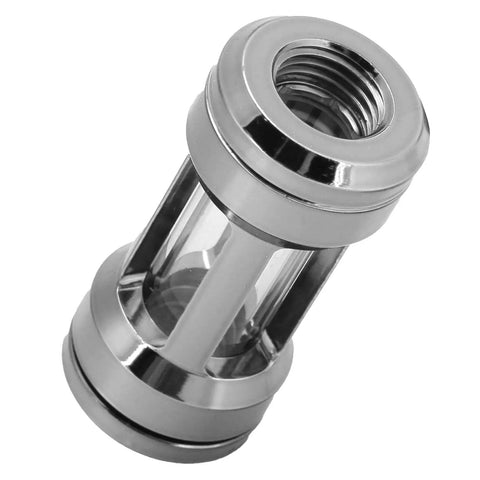 Chiciris G1/4 Brass Inline Water Cooling Filter For PC Liquid Loop in silver acrylic with visible stainless steel mesh.