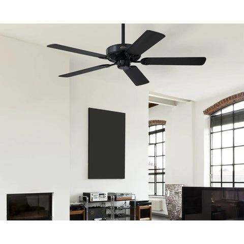 Contractor's Choice 52 Inch Ceiling Fan No Light, Matte Black Finish, mounted in a large living room setting.