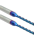 Side view of two blue-coated solid carbide CNC router bits, 1/8 in cutting diameter, 1/4 in shank, 3-flute for wood carving