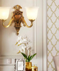 Top Tier Copper Wall Sconce Featuring A White Frosted Glass Shade And Easy E27 Bulb Fit Rust Resistant Iron Frame Perfect For Bedroom Nightstand Office Space Clean Look That Really Slaps mounted above a decorative table with plants.