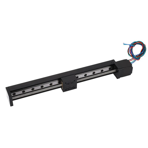 Heavy Duty Linear Guide Rail Slide Actuator Featuring Precision 200mm Stroke, Smooth Riding Stage Motion Module For X Y Z Axes, sleek black design, with visible wiring and alloy chassis.