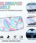 Kick Summer Heat To The Curb With This Sick Reflective Laser Windshield Sun Shade For Tesla Cybertruck Plus Cyberbeast 2023 Through 2026 Featuring A Foldable Durable Cover That Blocks Harsh Sunlight And Keeps Your Ride Ice Cold. Premium holographic car windshield sunshade shown with secure fit and UV protection.