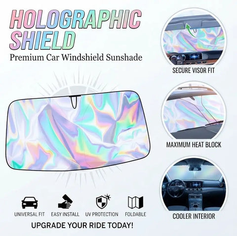 Kick Summer Heat To The Curb With This Sick Reflective Laser Windshield Sun Shade For Tesla Cybertruck Plus Cyberbeast 2023 Through 2026 Featuring A Foldable Durable Cover That Blocks Harsh Sunlight And Keeps Your Ride Ice Cold. Premium holographic car windshield sunshade shown with secure fit and UV protection.