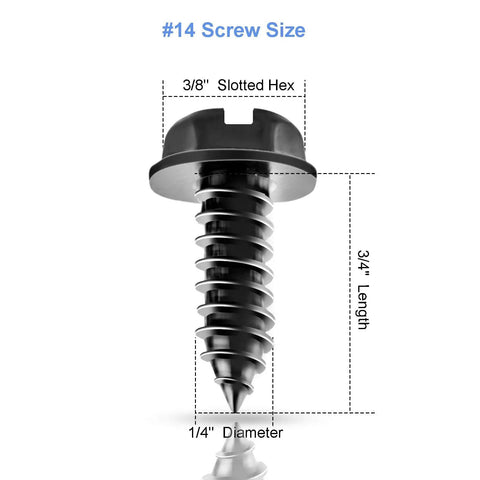 Close-up of Eight Sets Premium Stainless Steel License Plate Screws Kit For Most Cars And Trucks Rust Proof And Anti Rattle Bolts In Black Finish With Foam Pad For Quiet Tightening And Easy Mounting showing screw dimensions.