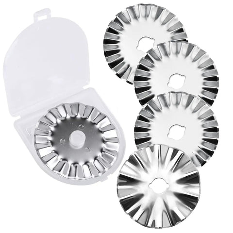 Set of 5 45mm pinking rotary cutter blades with wavy zigzag edges and storage case, universal replacement for fabric cutting