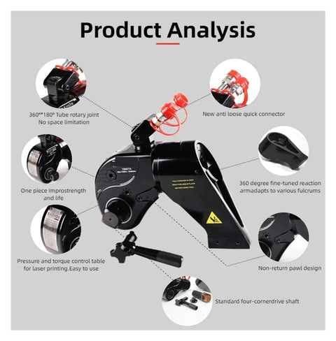Product analysis of Dead Nuts Accurate Hydraulic Torque Wrench featuring adjustable pneumatic square drive head and detailed features.