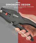 Hand holding Automatic Wire Stripper With Built In Cutter For AWG 32 To 7 0.03-10 Mm2, ergonomic plastic design, black color.