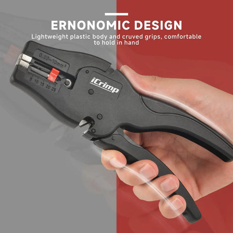 Hand holding Automatic Wire Stripper With Built In Cutter For AWG 32 To 7 0.03-10 Mm2, ergonomic plastic design, black color.