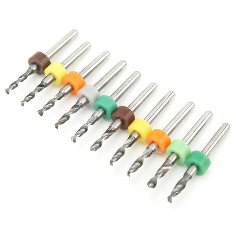 10Pcs Micro Twist Bit Set With Tungsten Steel Bits For PCB Repair And Circuit Board Engraving in colorful grips on white background