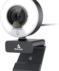 Crisp 1080P 60FPS Webcam With Built In Ring Fill Light angled view showing lens and adjustable clip for laptops and desktops.