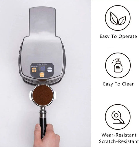 Professional 58 Mm Coffee Tamper Machine With Auto Fill And Tamp System Plus Six Height Options For Dead Flat Espresso Beds No Fuss Cleanup And Lockdown Portafilter Mount on countertop with portafilter loaded with coffee grounds.