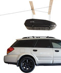 Overhead Garage Hoist System For Lightweight Cargo Carrier To Tuck Kayaks Canoes And Paddle Boards Up High Four Point Hoist 60 LB Max Per Carrier Fits 16 Ft Ceilings Easy One Person Install above vehicle in garage