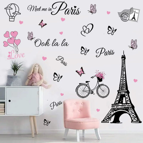 Dope Eiffel Tower Wall Decals Set With Balloons And Butterflies Removable Self Adhesive Vinyl Stickers for kids bedroom