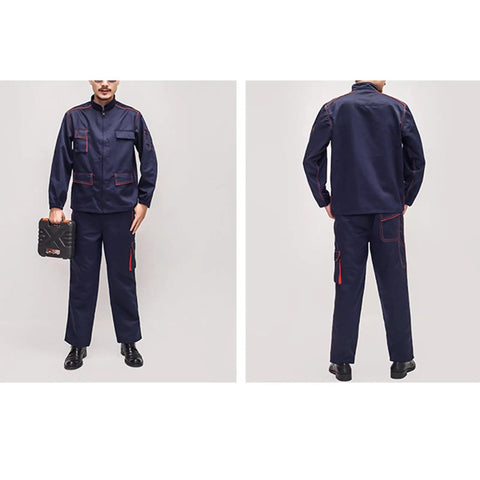 Mens Heavy Duty Long Sleeve Work Set With Strategic Multi Pocket Layout Durable Poly Cotton Blend Designed For The Daily Grind Kickass Shop Ready Uniform For Mechanics Engineers Welders, shown from front and back.