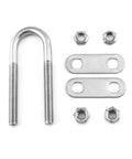 Flat lay of stainless steel marine stern U-bolt tie-down kit with two mounting straps and nuts