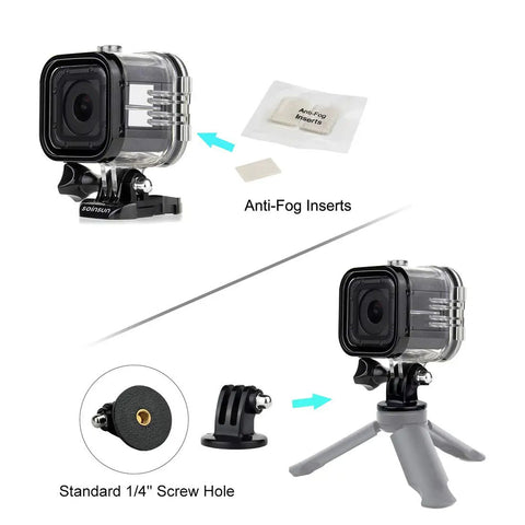 Waterproof Dive Housing For GoPro Hero 5 4 And Session With Bracket Accessories Ultra Clear Optical Glass Lens Delivers 98 Percent Light Transmission Depth Rating To 60m Salt Water Ready Underwater Case For Action Cameras with anti-fog inserts and tripod mount.