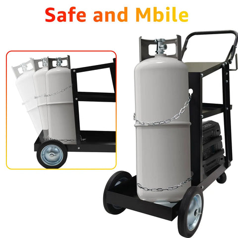 Heavy Duty Welding Cart For MIG TIG Welders And Plasma Cutters With 3 Tilt Table Layers, gas cylinder secured by safety chains