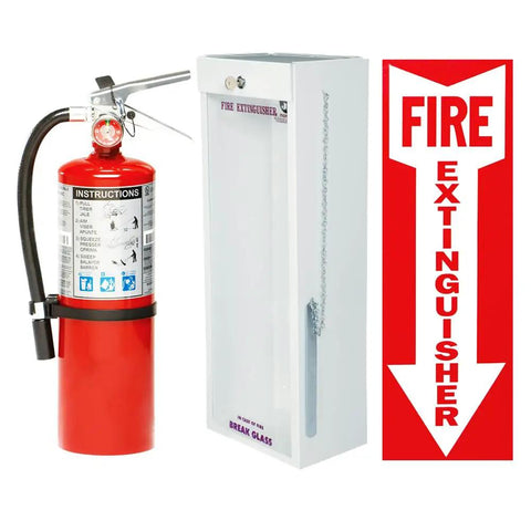 Heavy Duty 5 Pound Refillable Class A B C Fire Extinguisher Ships With Tough Wall Mount Steel Cabinet Plus Warning Tag in red and white
