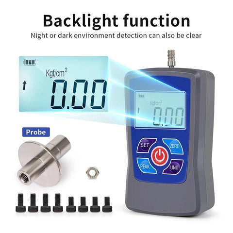 Digital Fruit Hardness Tester Handheld Sclerometer Penetrometer with backlight function for easy reading in dark conditions.