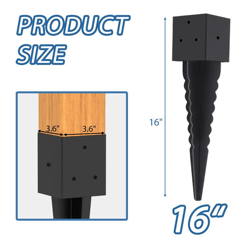4x4 Fence Post Ground Spike Anchor Pack, Built Tough 16 Inch Metal Post Base, Black Powder Coated Finish, Fits 3.6x3.6 Posts