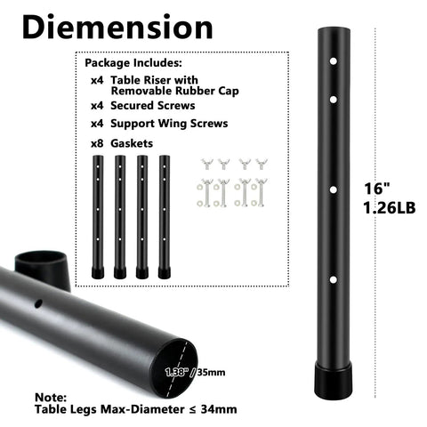 Heavy Duty Folding Table Leg Extenders Pack Of Four, black steel riser plates shown with accessories for adjustable height, 16 inches long.