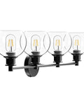 Four Light Matte Black Industrial Vanity Light Fixture Over Mirror With Clear Glass Globes, Farmhouse Bath Light, Anti Rust Finish