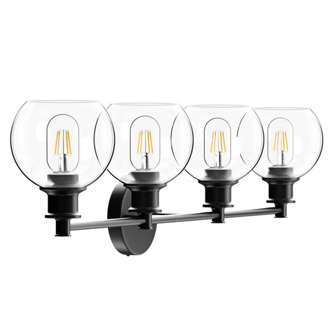 Four Light Matte Black Industrial Vanity Light Fixture Over Mirror With Clear Glass Globes, Farmhouse Bath Light, Anti Rust Finish