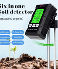 All In One 6 In 1 Soil Test Kit With LCD Display For Garden Farm And Lawn Care showing readings with plant sprout