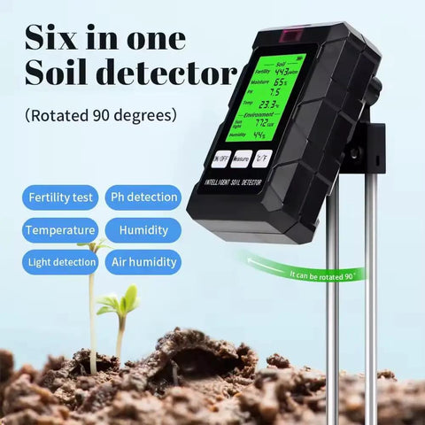 All In One 6 In 1 Soil Test Kit With LCD Display For Garden Farm And Lawn Care showing readings with plant sprout