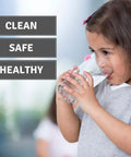 Child drinking water from glass next to text 'CLEAN, SAFE, HEALTHY' showcasing Pro Water Filter Replacement For Standard Pitchers And Dispensers NSF Certified 6 Count 1 Year Supply Fits Most Major Filter Systems And Replacements For Classic And Standard Size Pitchers.