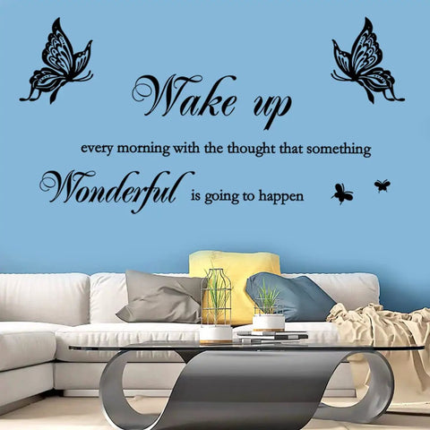 Wake Up Every Morning With The Thought Something Wonderful Is Gonna Happen Inspirational Quote Wall Decal on blue wall