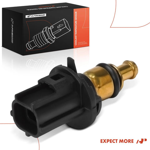 Close-up of A-Premium 2-pin engine coolant temperature sensor with brass body and black plastic connector.