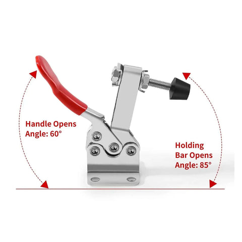 Side view of Beefy Toggle Clamp with handle open at 60°, holding bar at 85°, showing quick release hand clamp for woodworking.