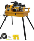 Real Deal 220V Electric Pipe Threader Machine 1HP Adjustable Speed Threading Cutter and Tube Trimmer on sturdy legs.