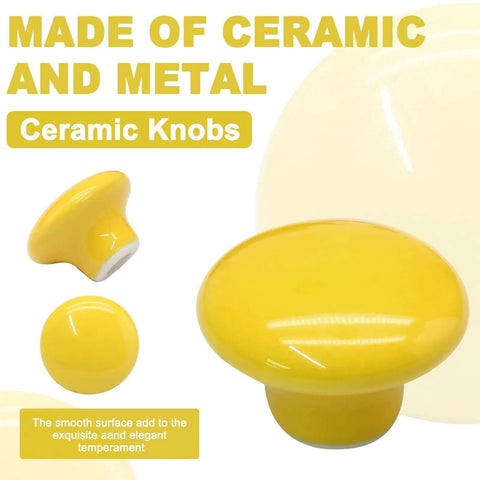 Top Shelf Yellow Ceramic Kitchen Cabinet Knobs, Super Solid 32 mm Round Pull Handles with all mounting Screws plus Handy Screwdriver, No Mess No Fuss Quick Swap For Drawers, Cupboards and Kitchen Makeover, Real Smooth Finish, Hefty 10 Pack Bundle, close-up view of yellow ceramic knob with shiny finish.