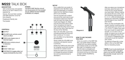 Diagram and instructions for setting up MXR M222 Talk Box Effects Pedal with built-in amp and controls.