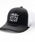 Everyday Men's Breathable Outdoor Trucker Hat For Summer Adventures, No Crying On The Yacht Style, black and white front view