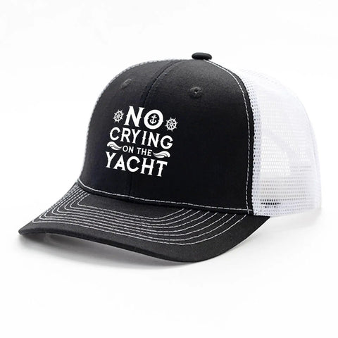 Everyday Men's Breathable Outdoor Trucker Hat For Summer Adventures, No Crying On The Yacht Style, black and white front view