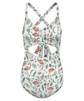 One Piece Women Swimsuit With Removable Padded Cups, Pink Flamingo And Leaves Rash Guard Style, Size X Large, front view