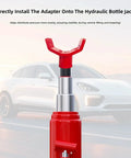 Beefy Bottle Jack Adapter Lifting Saddle For 2 To 4 Inch Axle Tubes next to a car, showcasing stable hydraulic lift use.