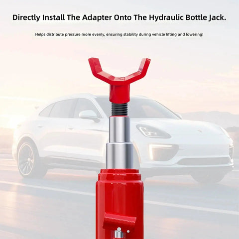 Beefy Bottle Jack Adapter Lifting Saddle For 2 To 4 Inch Axle Tubes next to a car, showcasing stable hydraulic lift use.
