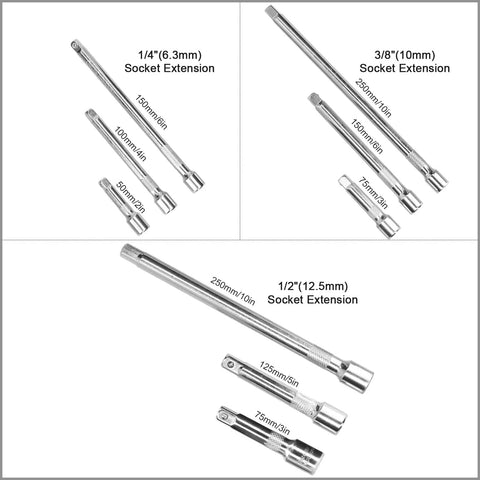Ultimate 16 Pc Socket Accessory Kit With Extension Bars Universal Swivel Joints And Drive Reducers Ideal For Automotive Garage DIY Maintenance Tools That Fit Any Ratchet Or Impact Wrench Perfect For Heavy Duty Jobs. Steel socket extension bars, 75-250mm