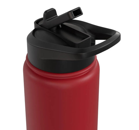 Top view of a red stainless steel insulated water bottle for sailplane pilots and glider enthusiasts, with a black lid.